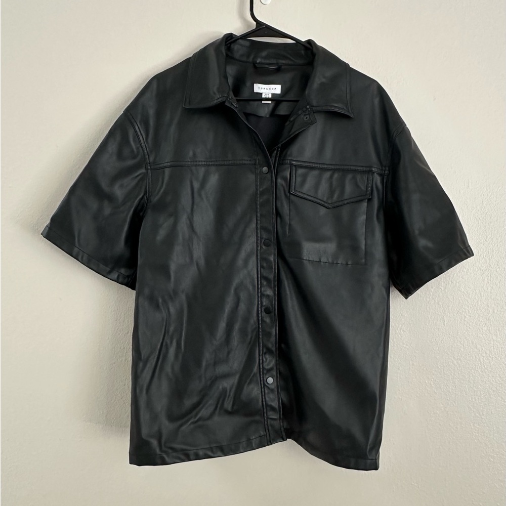 Topshop Women’s Faux Leather Short Sleeve Button Down Top Moto Size 10